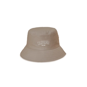 Detailed view of CALIFORNIA embroidery on khaki cotton twill bucket hat with clean stitching