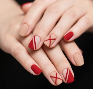 Vue macro d'ongles courts carrés mats bordeaux à carreaux avec design géométrique