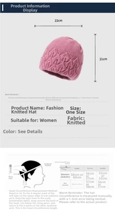 Pink knitted beanie for women with head circumference measurement guide and size chart