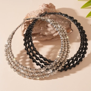 Exaggerated multi-layer rhinestone choker necklaces in silver and black finishes