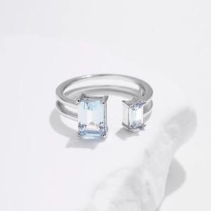 Elegant silver double-layer open ring with square light blue faux aquamarine stones