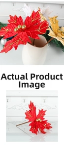 Detail of velvet Christmas poinsettia with gold glitter edges and decorative stem