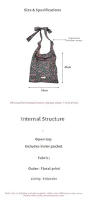 Detail view of floral canvas tote bag with adjustable bow shoulder straps and open pocket