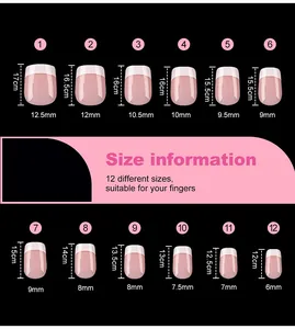 Size chart showing 12 different dimensions for French press-on nail tips in various widths