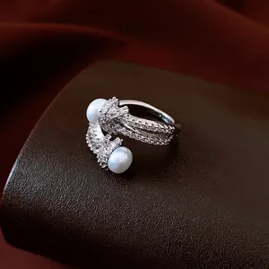 French Light Luxury Dual Artificial Pearl Open Ring Copper With Micro Pave Zircon Elegant Retro Adjustable Finger Jewelry For Women