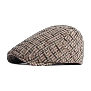 Béret en Lainage à Motif Pied-de-poule Style Britannique Rétro pour Hommes Femmes Automne Hiver Chaud Béret Plat Réglable Accessoire de Mode