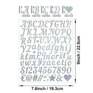 Detailed size guide of 1 inch silver glitter alphabet stickers showing precise measurements