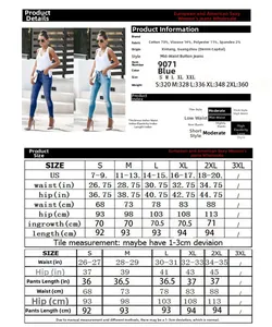 Detailed size guide for high elastic slim fit ripped jeans with US conversion chart
