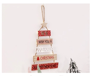 Hanging wooden tiered Christmas tree with warm LED lights and festive greetings