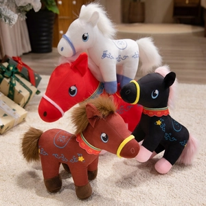 Adorable Chinese style plush pony dolls in four colors with floral embroidery patterns