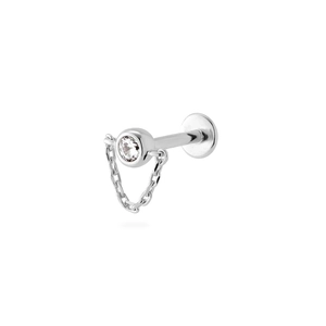 S925 sterling silver flat back earring featuring a clear zircon stud with a fine metal chain