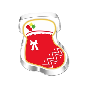 Detail showing a Christmas stocking stainless steel cookie cutter with colorful patterns