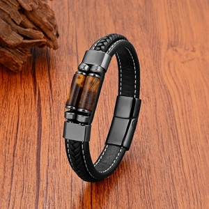 Men Women Braided Leather Bracelet With Stainless Steel Magnetic Clasp Natural Tiger Eye Stone Beads Fashion Jewelry