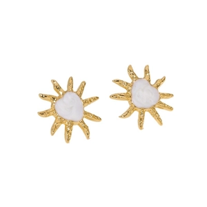 Elegant 18K gold-plated sunburst stud earrings with white resin inlay for women