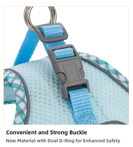 Detailed close-up of breathable mesh pet harness with durable buckle and metal D-ring