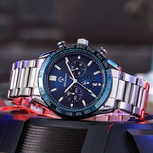 Men's silver stainless steel chronograph watch with blue dial and date display feature
