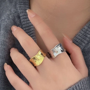 Irregular S925 sterling silver wide rings with gold and silver hammered wavy surface
