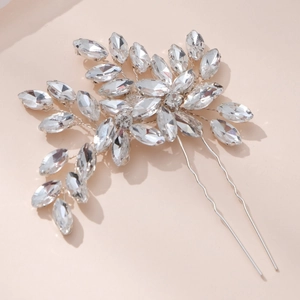 Épingle à cheveux argentée en U avec fleurs en strass et détails en fil métallique