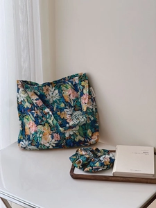Floral quilted cotton tote bag set with matching hair scrunchie in oil painting style