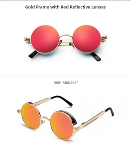 Retro steampunk sunglasses with gold metal frame and red orange reflective lenses