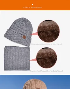 Detail of grey knitted winter hat and neck warmer with thick faux fur lining