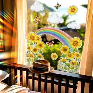 Prism window film showing vibrant rainbow light reflection from sunflowers and butterflies