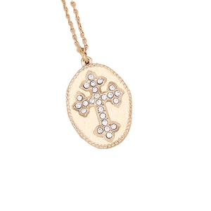 Golden stainless steel necklace featuring oval pendant with crystal cross inlay detail
