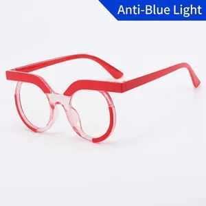 Retro round red frame blue light blocking glasses with stylish bold flat top design