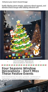 Detail of Christmas window stickers featuring Santa, snowman, and tree holiday decorations