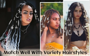 Silver dreadlock hair jewelry pendants in butterfly and moon shapes on diverse hairstyles