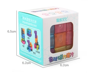 Macro shot of transparent magnetic blocks in cube packaging for creative building toys