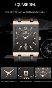 Detail of square business watch with rose gold case, date display and Roman numerals