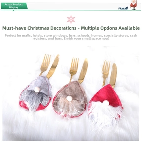 Detail of Christmas gnome cutlery holders in red, grey, and brown felt on white fur