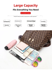 Detail showing large capacity backpack with monogram pattern for A4 books and iPad