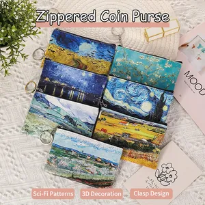 Impressionist Oil Painting Art Print Coin Purse PU Leather Keychain Wallet Zipper Small Pouch Artistic Mini Bag Women