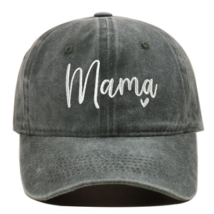 Detailed view of dark grey washed cotton baseball cap with white Mama embroidery