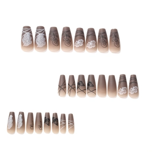 Matte brown gradient coffin press-on nails with butterfly and lace pattern designs