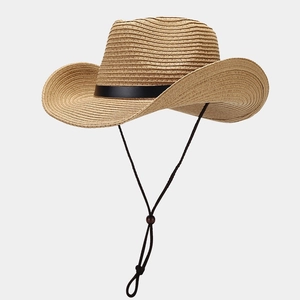 Vintage Western Straw Cowboy Hat For Men Women Wide Brim Sun Hat With Leather Belt Adjustable Chin Strap Summer Beach Hat