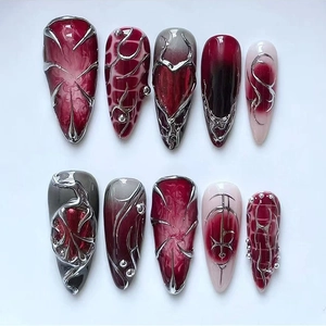 Press On Nails Long Stiletto Gothic Punk Dark Red Smudge 3D Silver Metallic Liquid Line Y2K Artificial False Fingernails