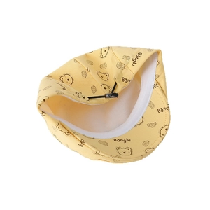Yellow baby beret hat with cute brown bear prints and adjustable drawstring for sun protection