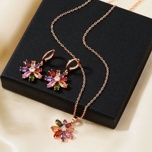 Colorful floral necklace and earrings jewelry set in rose gold with multi-color stones