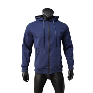 Navy blue men's fleece hoodie detail with full zip and kangaroo pocket on a mannequin