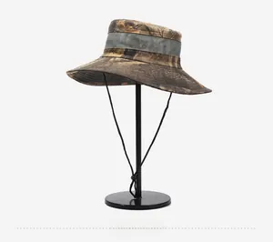 Detail of jungle camo sun hat featuring breathable mesh vents and adjustable chin cord
