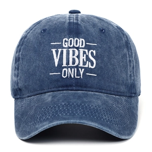 Navy blue washed denim baseball cap with white Good Vibes Only embroidery for vintage look