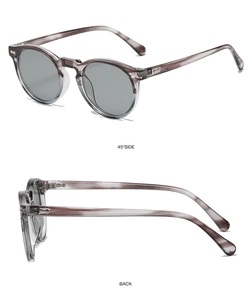 Detailansicht der runden Vintage-Sonnenbrille mit grauem Marmorrahmen von der Seite und hinten