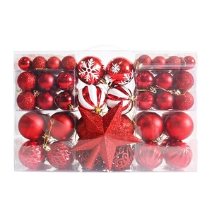 Detail of red Christmas ornament set with glitter stars and assorted textured baubles