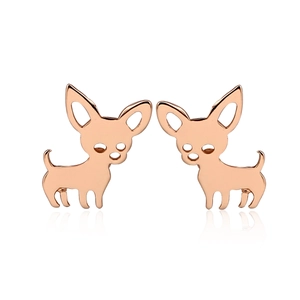 Detail of rose gold plated stainless steel Chihuahua earrings with hollowed out features