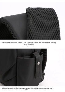 Detail of breathable mesh shoulder straps and side pocket with metal snap button closure