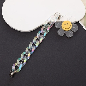 Iridescent acrylic chain phone wristlet with smiling face flower charm and bear pendant