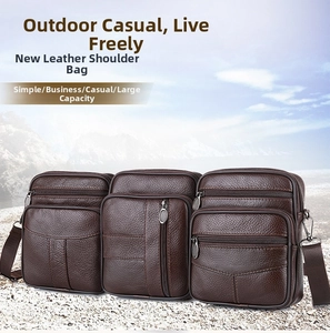 Three brown genuine leather shoulder bags with multi-zipper pockets and nylon straps